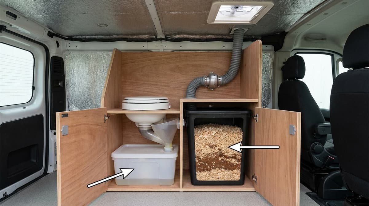 Toilettes sèches en van : gérer odeurs, litière et vidage