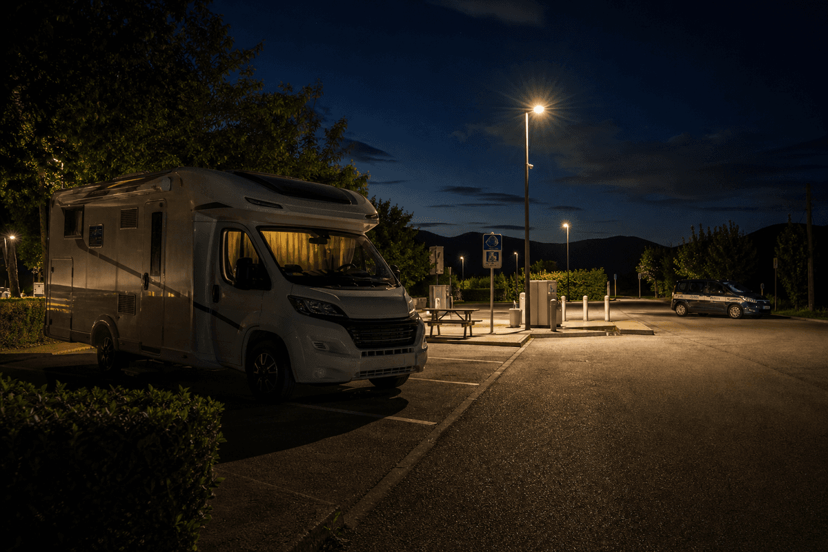 Van en zone dédiée avec présence de contrôle à distance, illustrant l’importance de stationner/camper dans des lieux prévus.