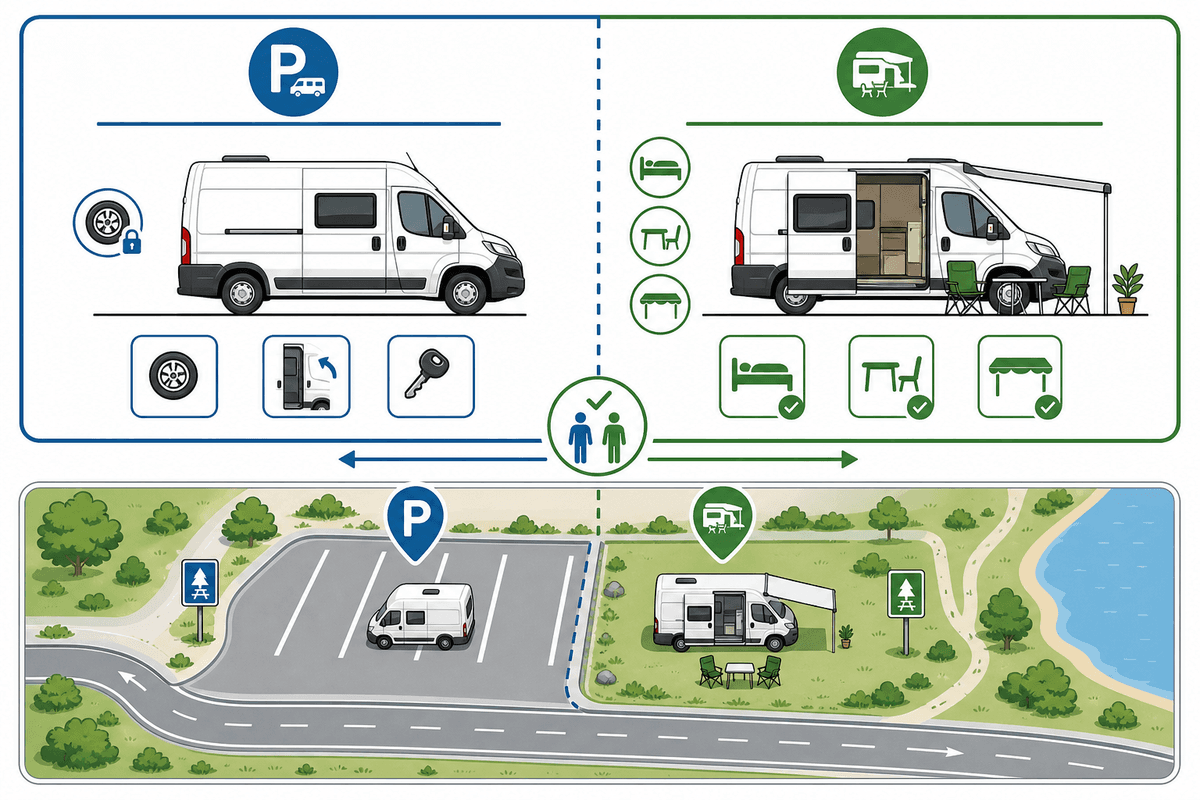 Schéma comparatif stationnement vs camping (installation) pour clarifier la loi.