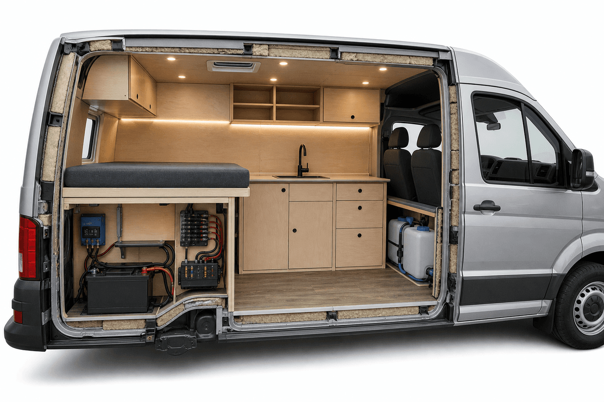 Interior conversion layout showing key systems and build approach.