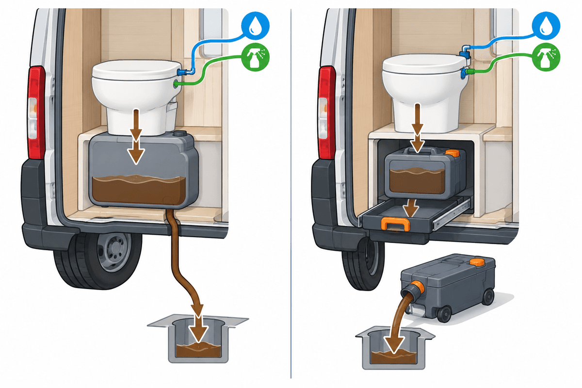 Schéma comparatif WC chimique vs cassette en van.