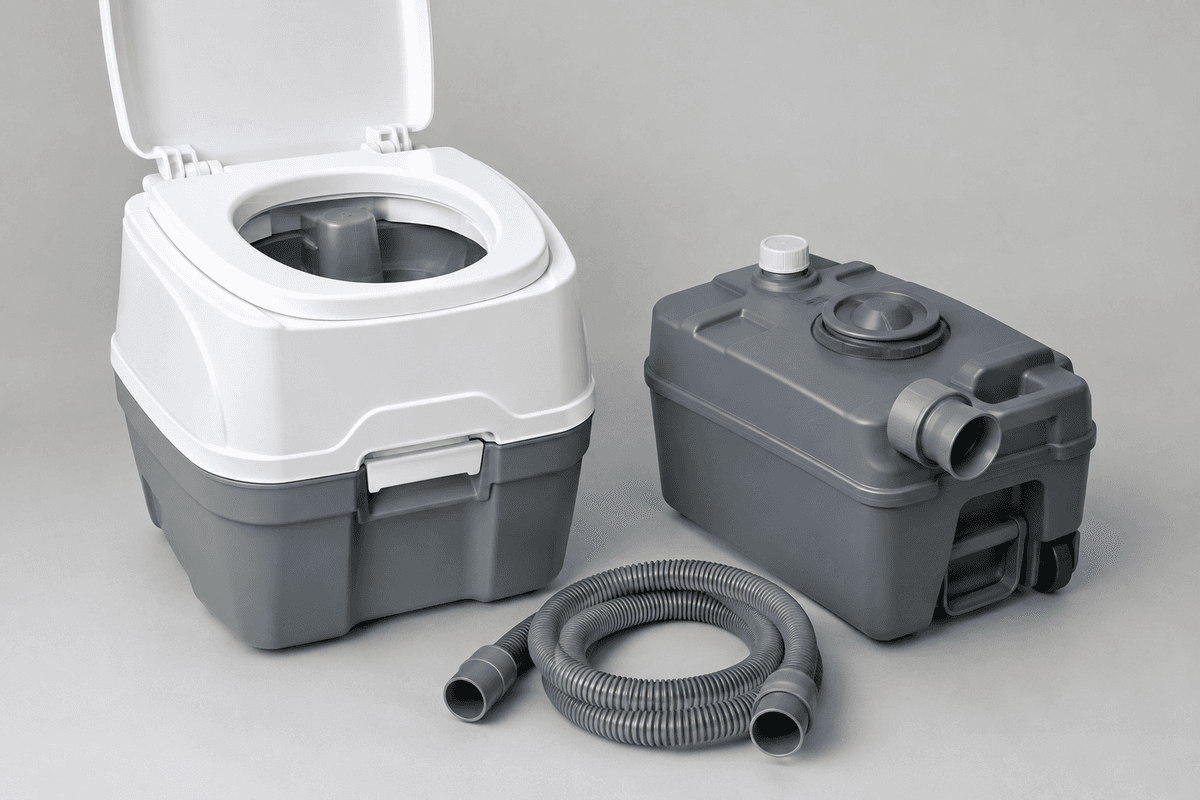 Système de WC chimique portable avec réservoir séparé.