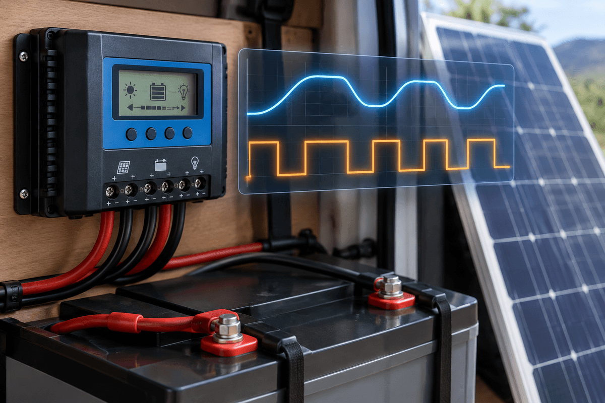 Real-world electronics context with visualized charging waveforms for MPPT and PWM.