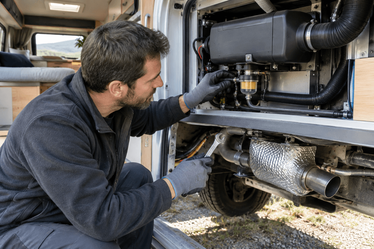 Contrôle d’installation et de sécurité d’un chauffage diesel dans un fourgon.
