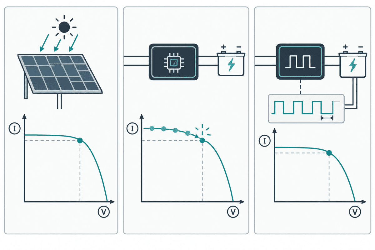 Diagrammatic comparison of MPPT tracking the maximum power point versus PWM duty-cycle switching.