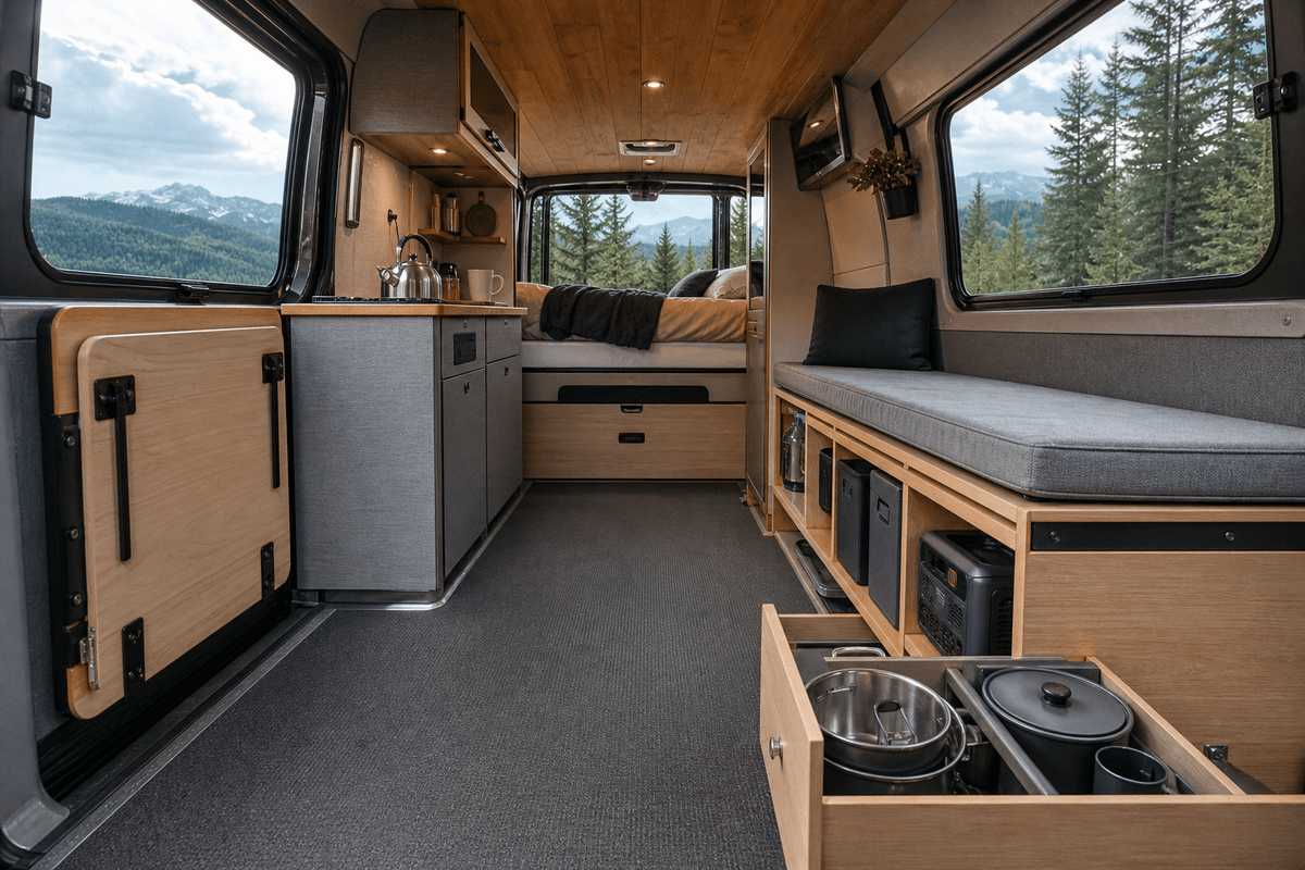 Ce qui sert vraiment : accessoires compacts et rangés de façon modulaire.