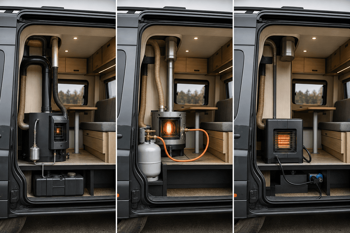 Vue comparative des systèmes de chauffage diesel, gaz et électrique dans un fourgon.