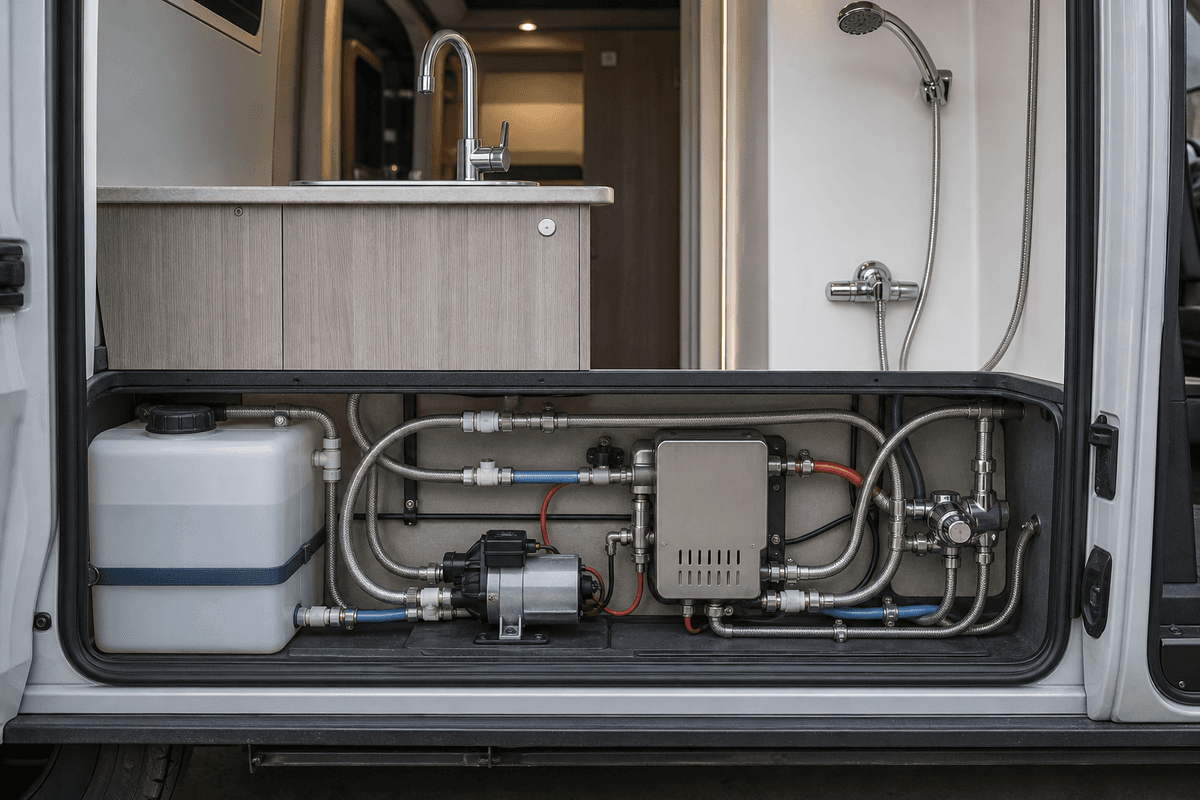 Cutaway view of a camper van’s water circuit: fresh tank → pump → heater → sink & shower.