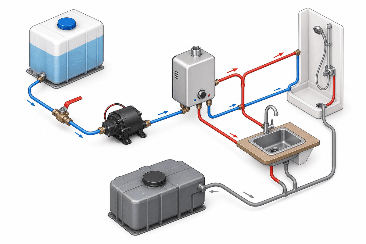 Isometric plumbing diagram of van water circuit with flow arrows for hot and cold.