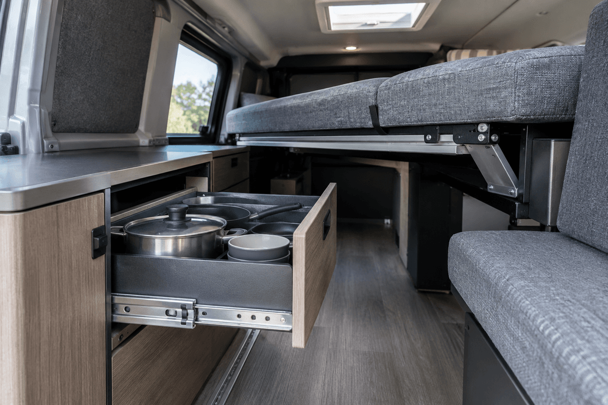 Détails des mécanismes et rangements modulaires d’un aménagement compact.