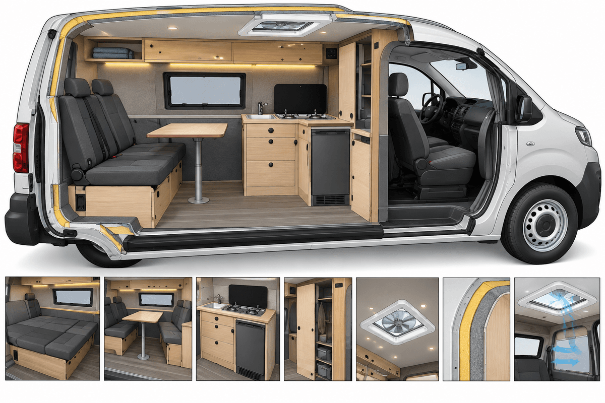 Schéma technique d’un aménagement intérieur compact (couchage, cuisine, rangements).